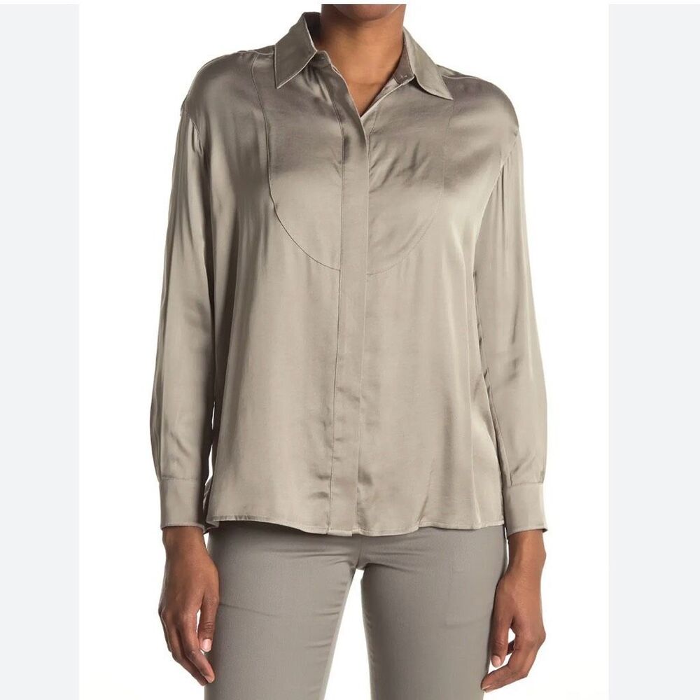 Reiss Rocco satin button up shirt blouse Size‎ 10 neutral khaki tan